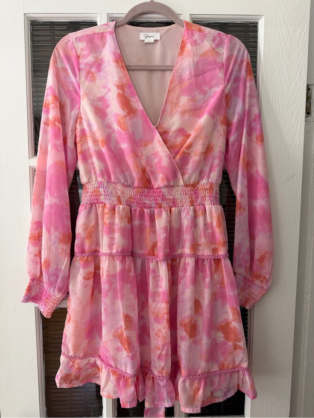 Japna Women’s L Pink Orange Watercolor Tie Waist Ruffle Trim Dress | SKU 0407